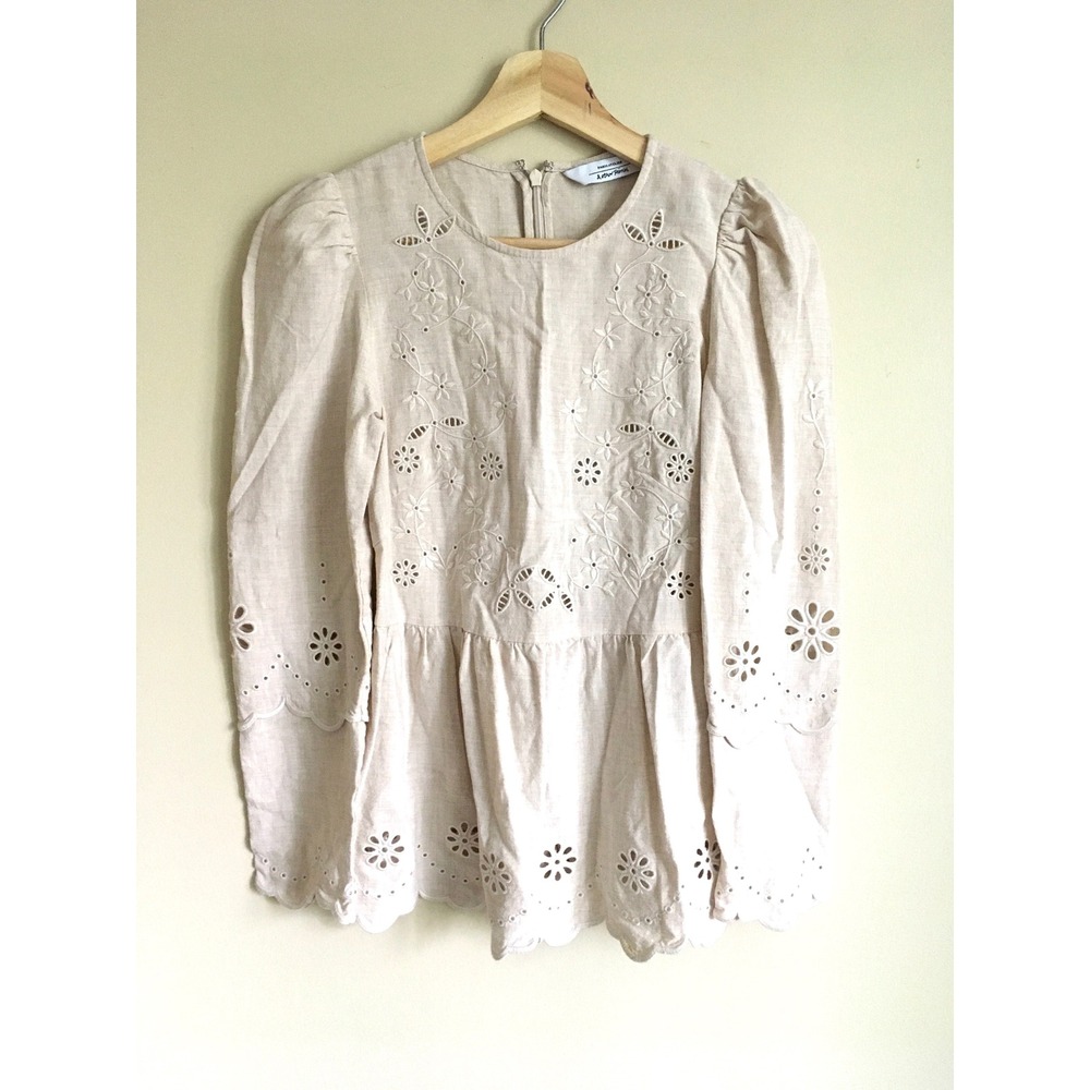 & Other Stories Paris Atelier Beige Eyelet Embroidery Peplum Blouse US 0/XS